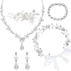 Henoyso Bride Jewelry Set 5 Pieces Wedding Jewelry for Bride Rhinestone Jewelry Set for Wedding Bridal Bachelorette Party Prom