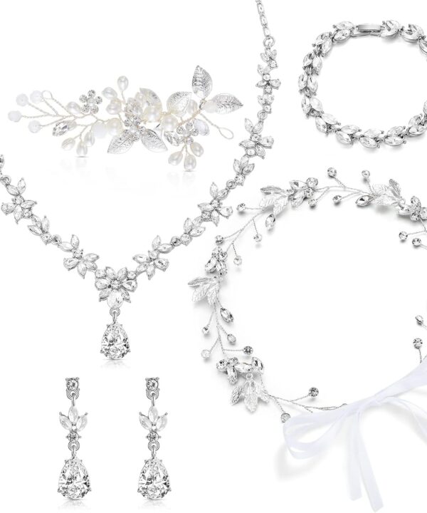 Henoyso Bride Jewelry Set 5 Pieces Wedding Jewelry for Bride Rhinestone Jewelry Set for Wedding Bridal Bachelorette Party Prom