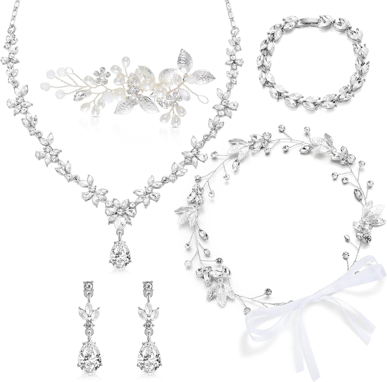 Henoyso Bride Jewelry Set 5 Pieces Wedding Jewelry for Bride Rhinestone Jewelry Set for Wedding Bridal Bachelorette Party Prom