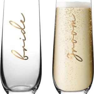 Bride and Groom Champagne Flutes, Wedding Flutes for Bride and Groom, Crystal Stemless Wine Glasses for Wedding, Newlyweds & Engagement