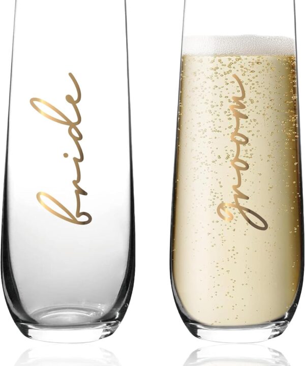 Bride and Groom Champagne Flutes, Wedding Flutes for Bride and Groom, Crystal Stemless Wine Glasses for Wedding, Newlyweds & Engagement