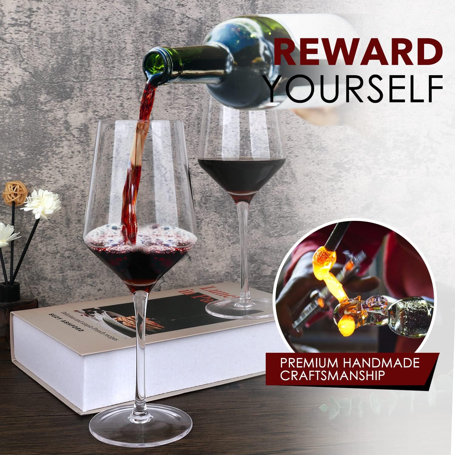 Chouggo Wine Glasses Set of 6, Hand Blown Crystal Red Wine or White Wine Glass – 15Oz, Hand Crafted by Artisans – Gifts for Women, Men, Wedding, Anniversary, Christmas, Birthday