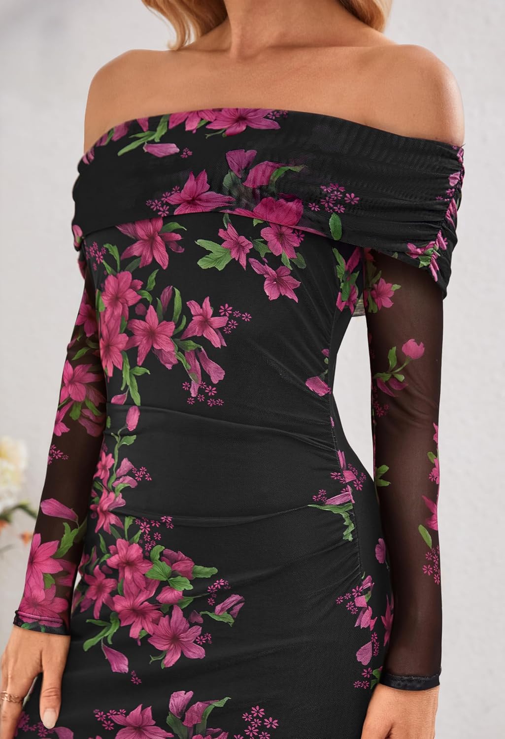 MEROKEETY Women’s Fall Off Shoulder Floral Maxi Dresses Formal Long Sleeve Bodycon Cocktail Wedding Guest Dress