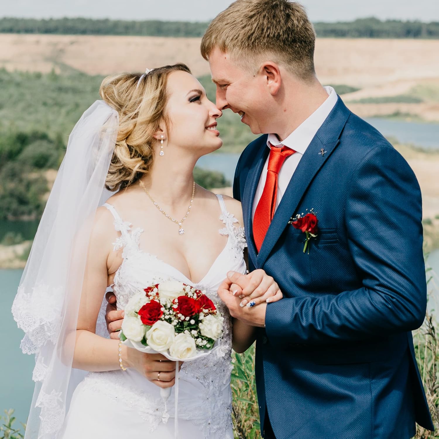 Crysdue Teardrop Bridal Jewelry Set for Wedding Party, Silver/14K/Rose Gold Plated Prom Costume Jewellery for Bride Bridesmaids Women, Cubic Zirconia Necklace Dangle Earrings Bracelet