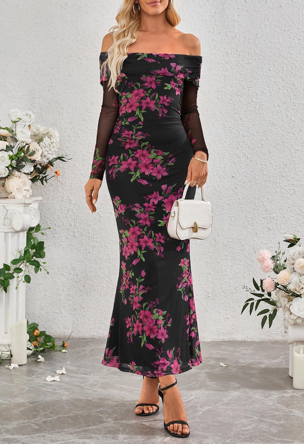 MEROKEETY Women’s Fall Off Shoulder Floral Maxi Dresses Formal Long Sleeve Bodycon Cocktail Wedding Guest Dress