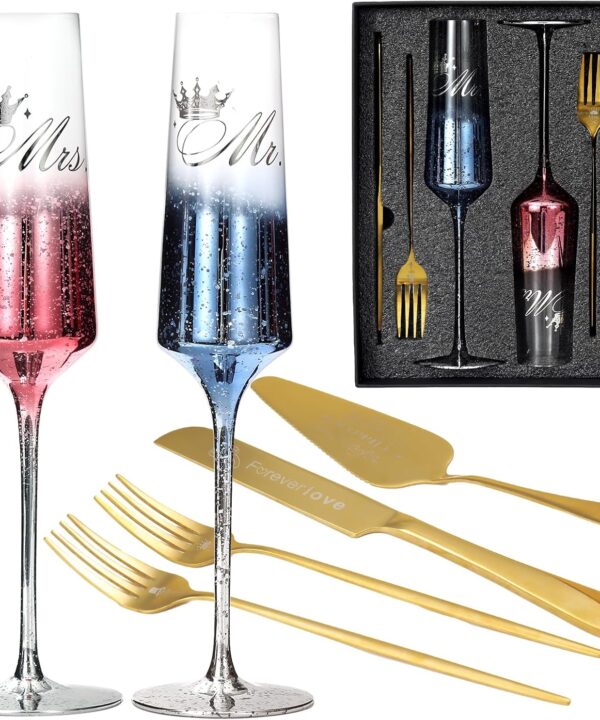Wedding Cake Knife and Server Set, Mr and Mrs Champagne Flutes& Cake Cutting and Forks Set, Bridal Shower Gifts Wedding Anniversary Engagement Gifts for Bride and Groom