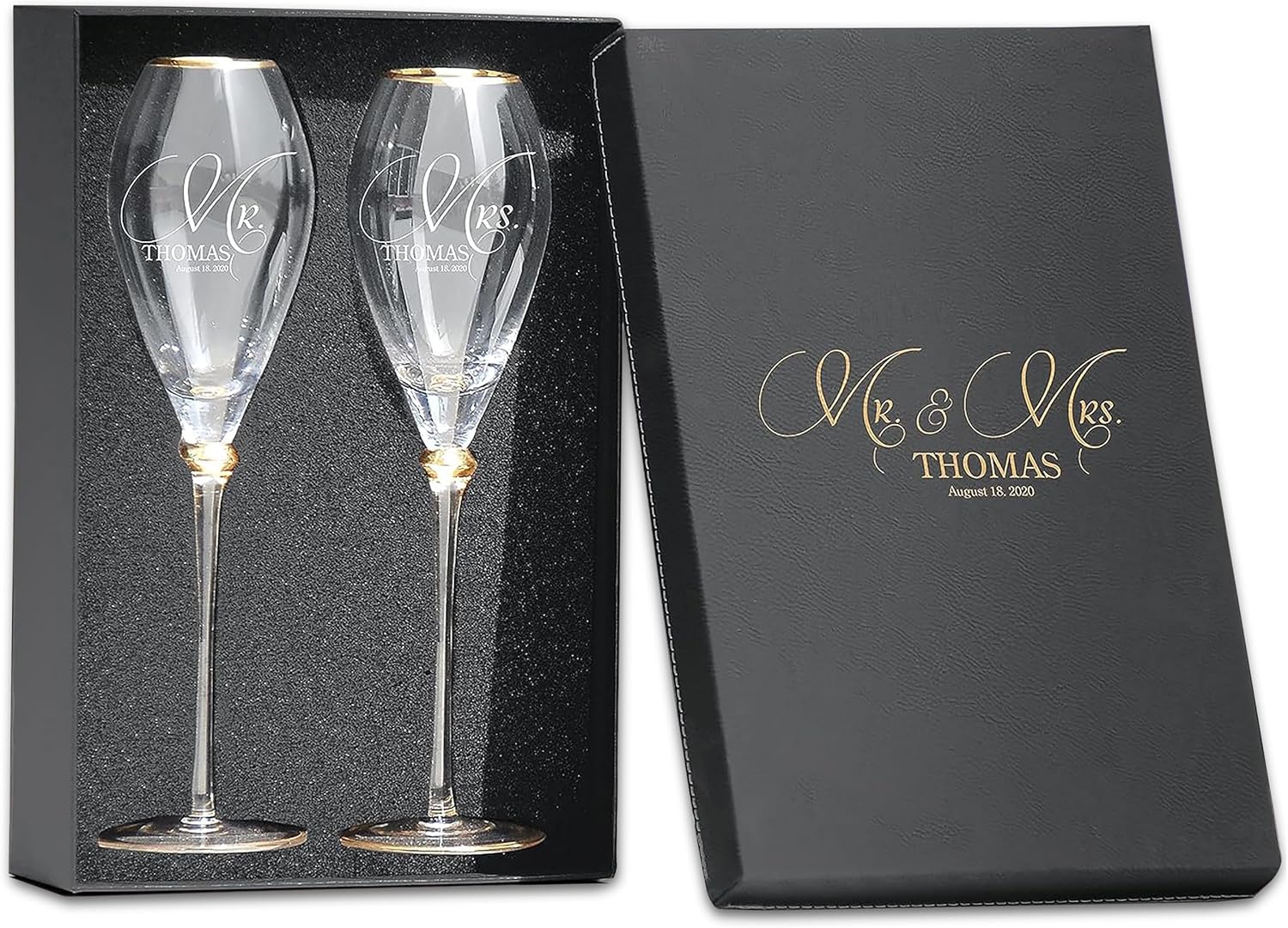 Set of 2 Personalized Wedding Engraved Champagne Flutes- Mr and Mrs Design - For Weddings,Parties and Anniversary