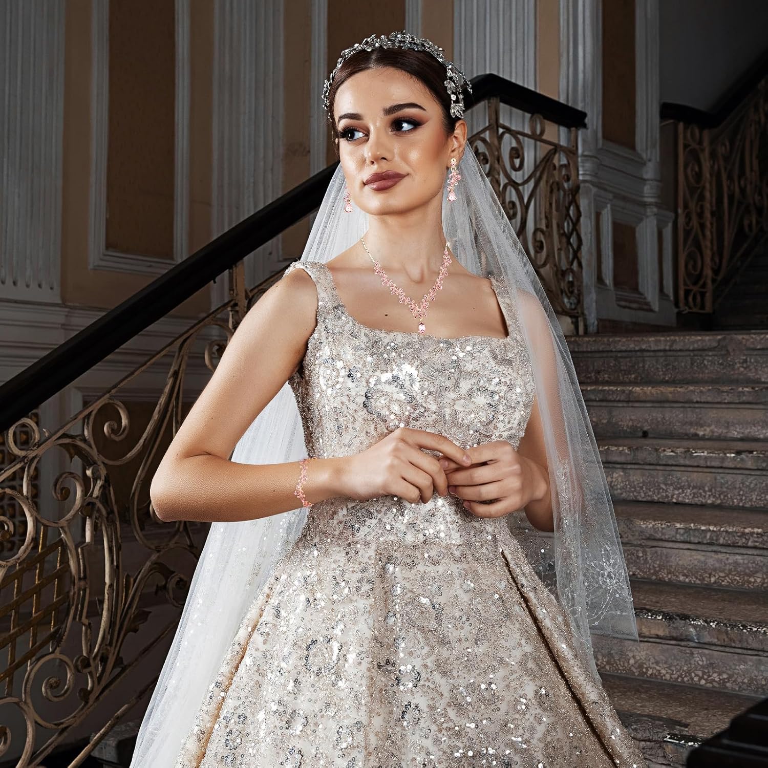 Rhinestone Wedding Jewelry Sets for Bridal Women Crystal Necklace Bracelet Earrings Set Prom Jewelry Set for Brides