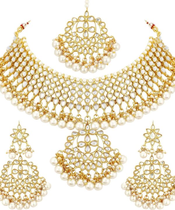 Aheli Indian Traditional Maang Tikka with Kundan Necklace Earrings Set Ethnic Wedding Party Designer Jewelry Gift for Women