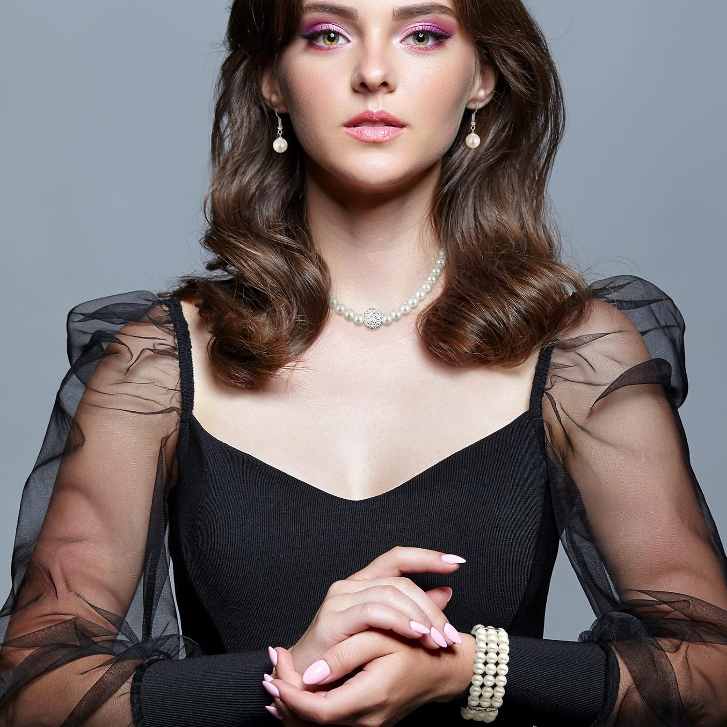 Glenmal Pearl Rhinestone Jewelry Set for Women Pearl Necklace Bracelet Earrings for Wedding Birthday Bridal Shower Tea Party