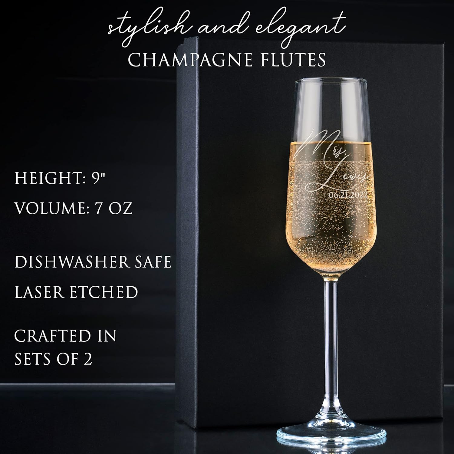 GIFTBYGIFTY Personalized Wedding Champagne Flutes for Bride and Groom – Set of 2, 7 oz, 2 Designs – Champagne Glasses for Engagement with Your Names and Date – D1