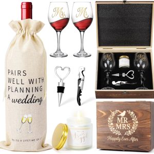 Mr and Mrs Engagement Gifts for Couples, Bridal Shower Gift, Wedding Gifts for Newlywed - Wine Glasses Set of 2, Wine Stopper and Opener, Wine Bag, Scented Candle, Engraved Wooden Keepsake Box