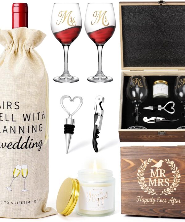 Mr and Mrs Engagement Gifts for Couples, Bridal Shower Gift, Wedding Gifts for Newlywed - Wine Glasses Set of 2, Wine Stopper and Opener, Wine Bag, Scented Candle, Engraved Wooden Keepsake Box