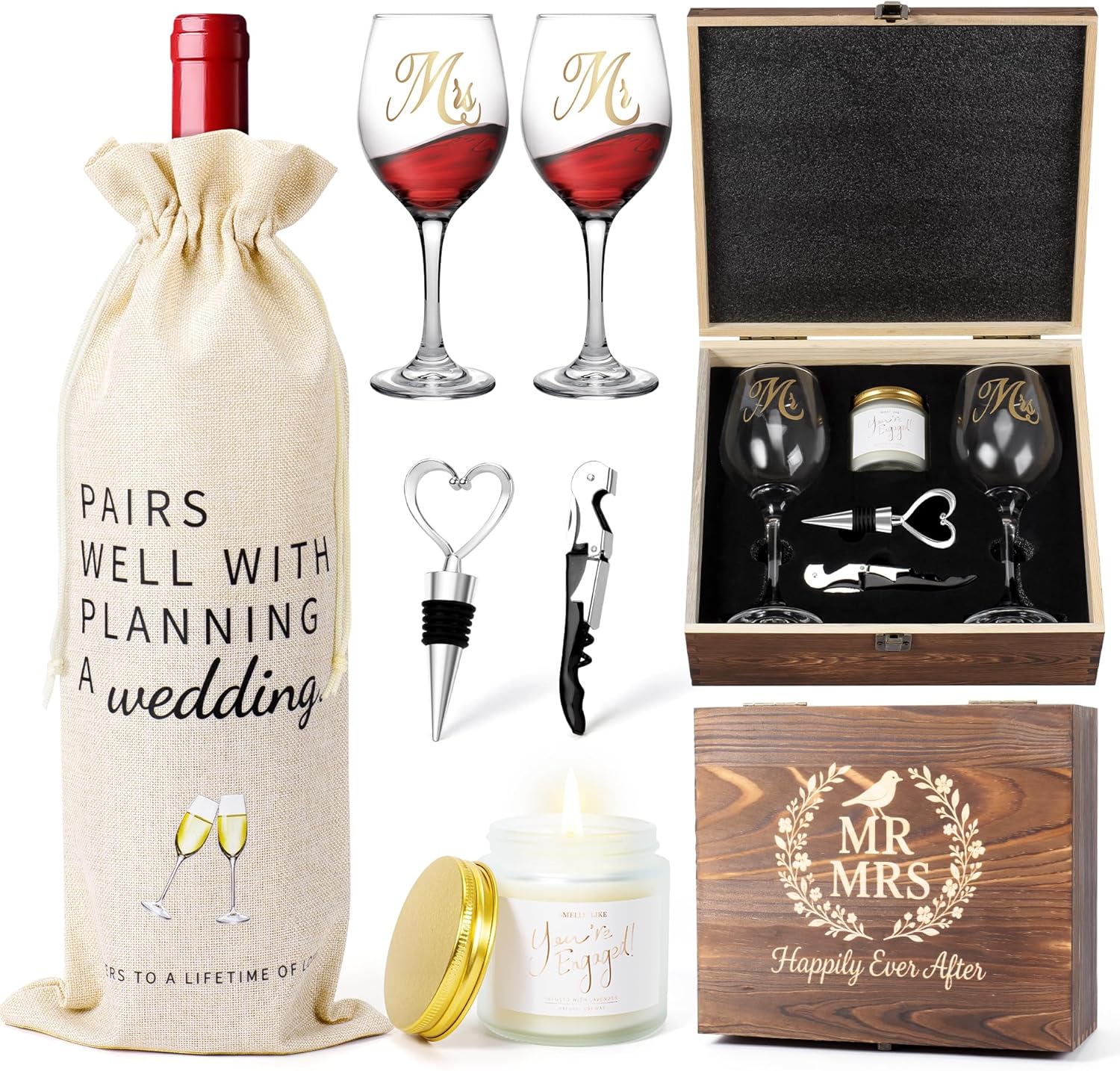 Mr and Mrs Engagement Gifts for Couples, Bridal Shower Gift, Wedding Gifts for Newlywed - Wine Glasses Set of 2, Wine Stopper and Opener, Wine Bag, Scented Candle, Engraved Wooden Keepsake Box