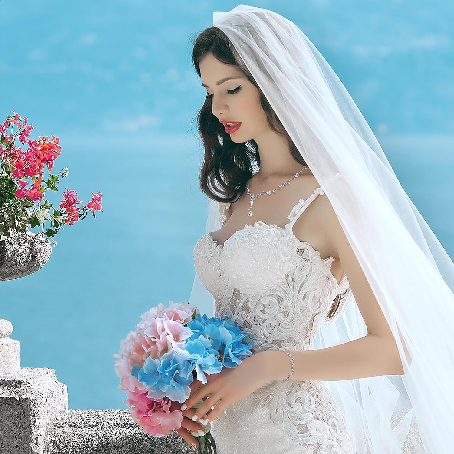 Wedding Silver Jewelry Set for Women Cubic Zirconia Necklace Earrings Bracelet Sets for Bride Wedding Costume Jewelry for Bridesmaid