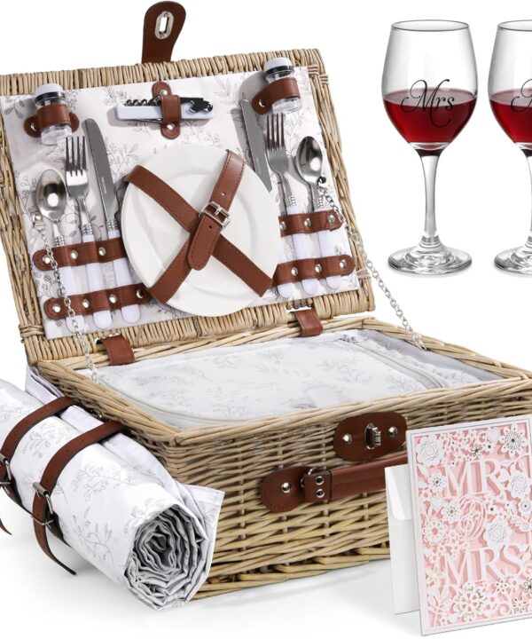 Picnic Basket for 2, Bridal Shower Gift Wedding Gifts with Mr Mrs Wine Glasses and Greeting Card, Engagement Newly Weeding Gifts for Couples 2025, Wicker Picnic Set Kit with Blanket Cooler for Beach