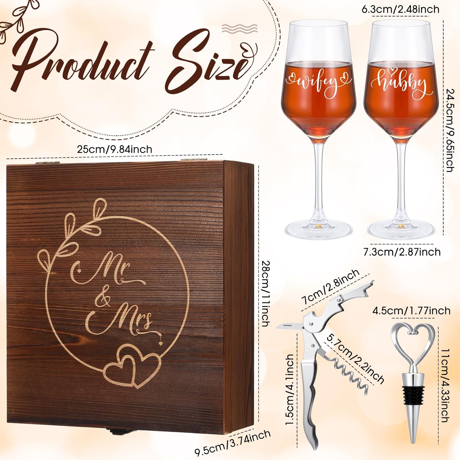 LemonRoad Wedding Gift Newlyweds Champagne Flute Set of 2 Bridal Shower Champagne Glasses Wine Opener Wine Stopper with Engraved Wooden Keepsake Box Engagement Gift for Couples (Hubby & Wifey)