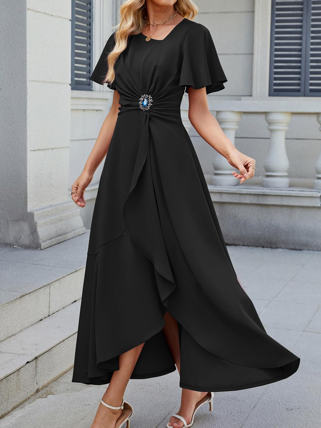 Wedding Guest Dresses for Women Have Pockets Cocktail Dress Ruffle Sleeve A Line Evening Party Formal Dresses for Women