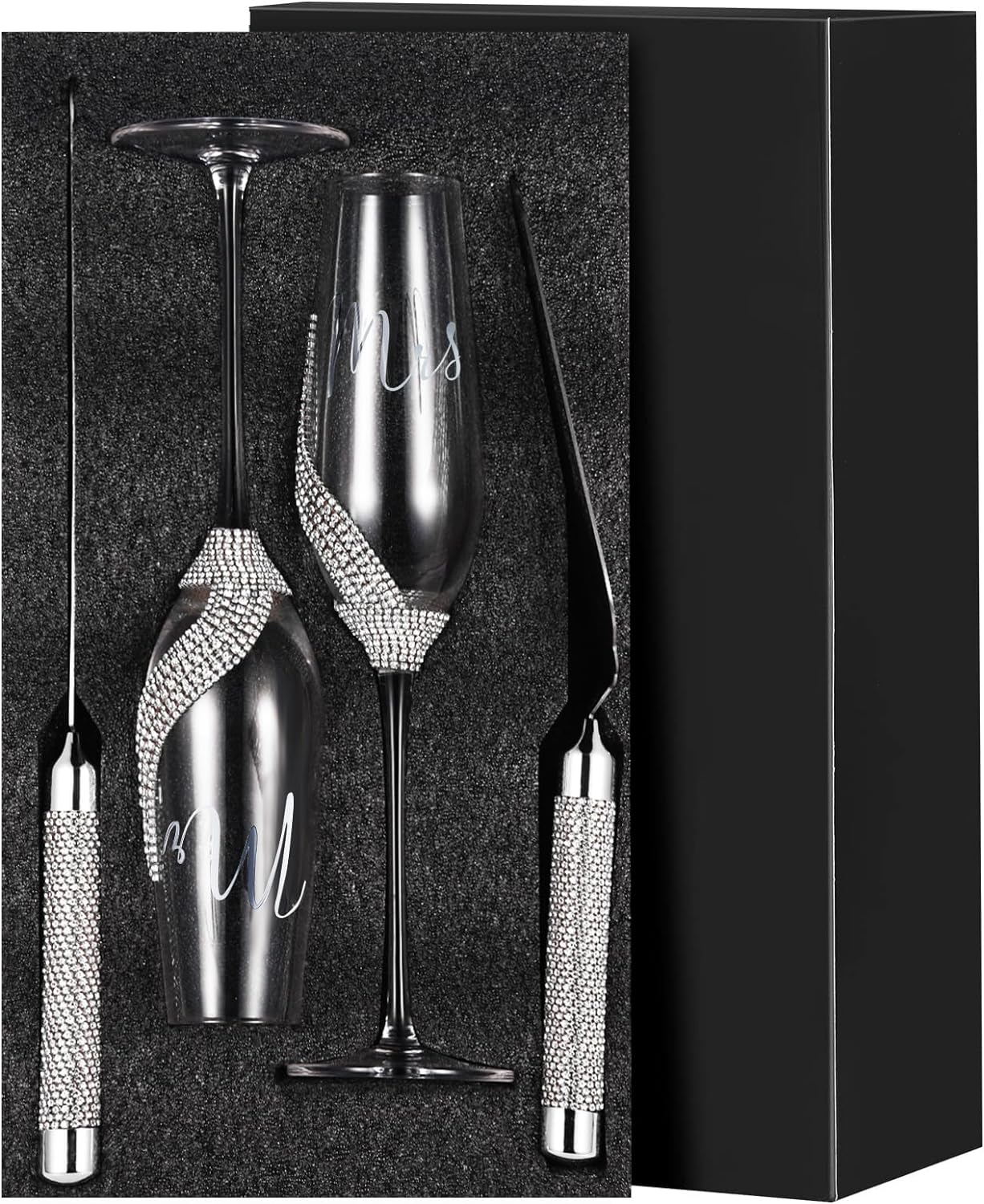 Sratte 4 Pcs Wedding Cake Knife and Champagne Flutes Server Set, Toasting Crystal Rhinestone Champagne Flutes Glasses Cake Knife Pie Server Wedding Gifts for Couple Bride Groom (Silver,Classic)