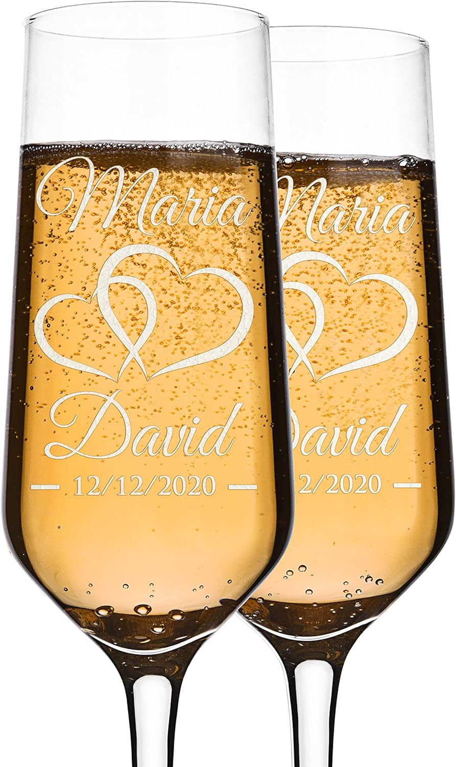 P Lab Set of 2, Bride Groom Names & Date Hearts, Personalized Wedding Toast Champagne Flute Set, Wedding Toasting Glasses – Etched Flutes for Bride & Groom Customized Wedding Gift #N9