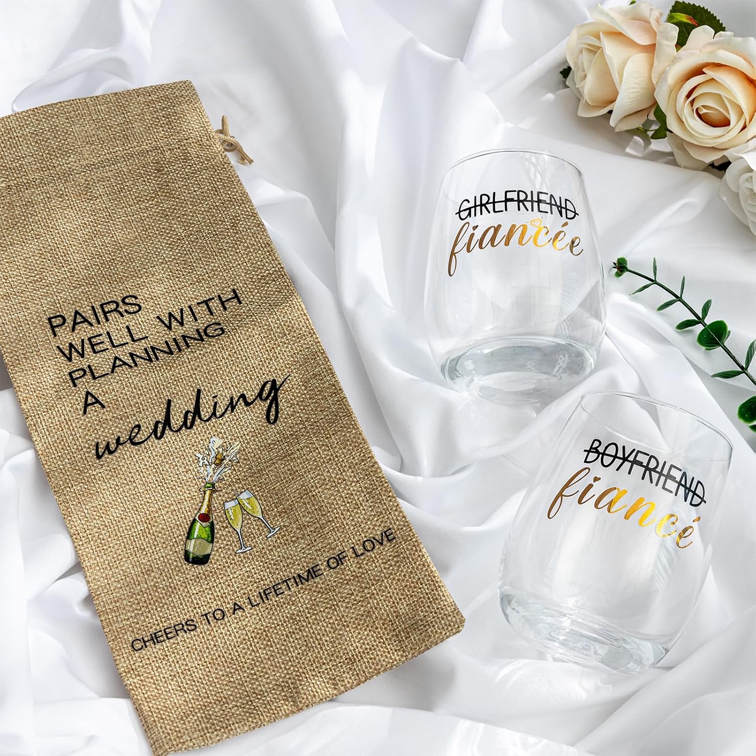 Engagement Gifts for Couples, Newly Engaged Wine Glass and Bag Set, Fiance Gifts for Women Her Girlfriend, Just Engaged Decorations for Engagement Wedding Party