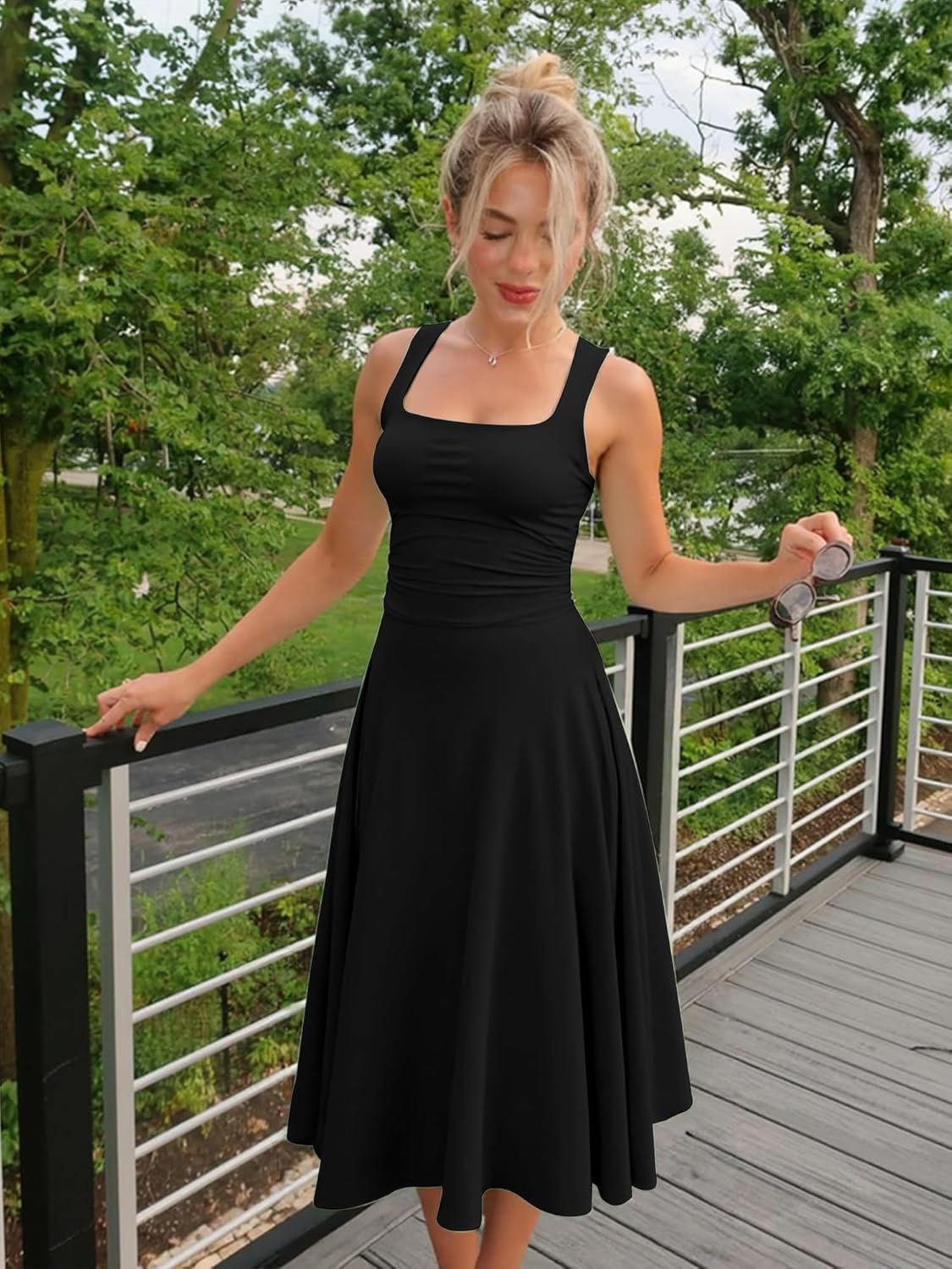 Kaximil Women’s Square Neck Corset A Line Maxi Dress Ruffle Ruched Waist Flowy Long Dresses