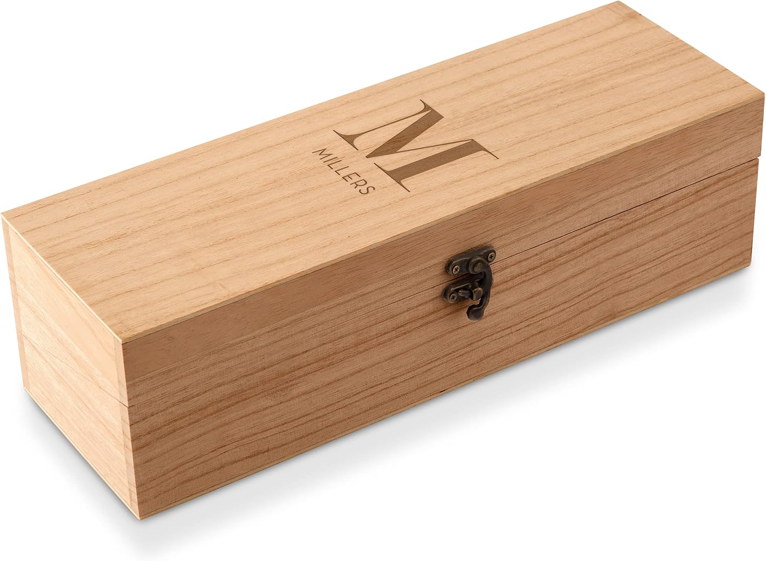 Weddingstar Custom Engraved Wooden Wine Gift Box with Lid - Modern Serif Monogram