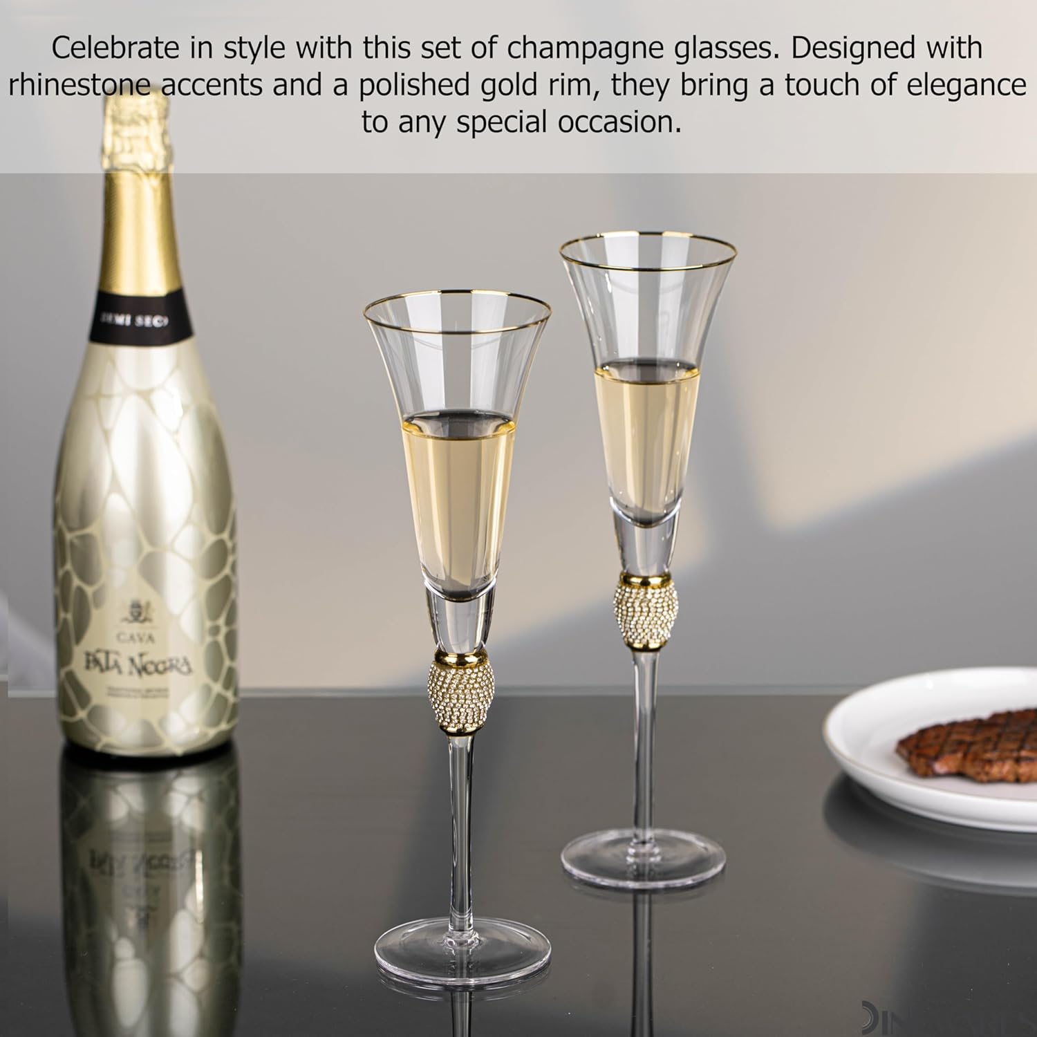 2 Piece Elegant Crystal Set Wedding Champagne Glasses with Diamond Rhinestone Accents and a Polished Silver Rim – 11 in Tall with Slender Long Stem, 7 oz – Chic Toasting Set for the Bride and Groom