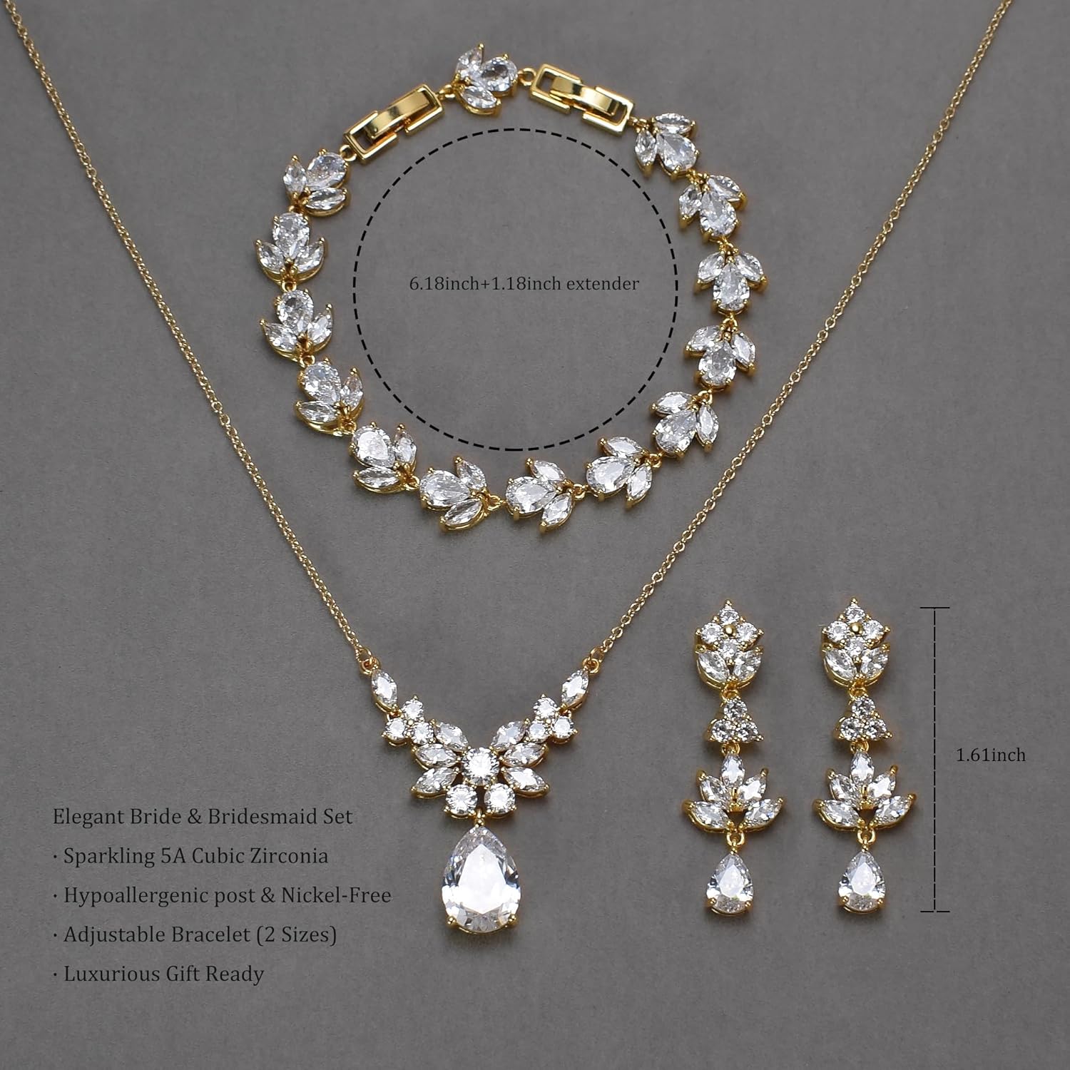 UDYLGOON Sparkling Bride Bidesmaid Wedding Jewelry Set, Cubic Zirconia Dangle Earrings Necklace Bracelet Set for Pageant Prom Formal Wear