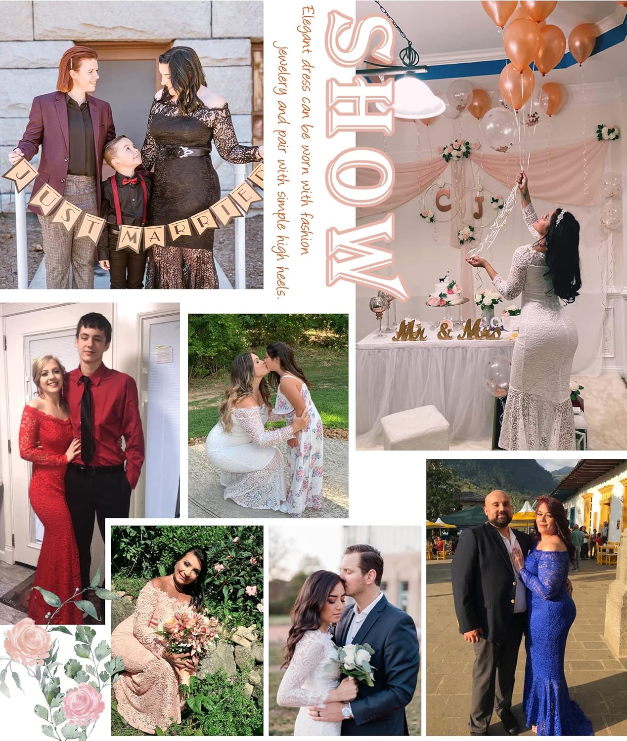 LALAGEN Women’s Floral Lace Long Sleeve Off Shoulder Wedding Mermaid Dress