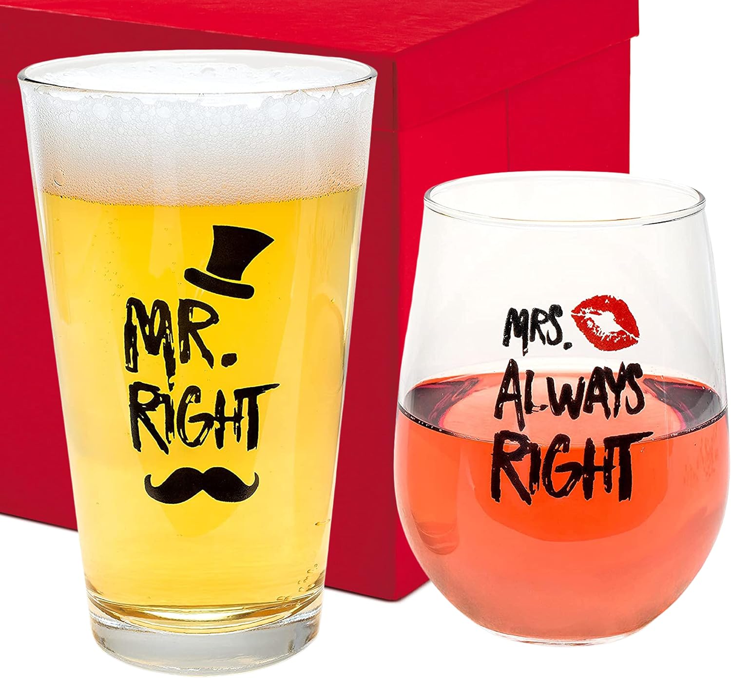 Funny Mr. Right and Mrs. Always Right Novelty Wine Glass and Beer Glass | Includes Fun, Stylish Gift Box | For Weddings, Engagement, Newlywed, Bachelorette, Anniversary, Couples Gifts