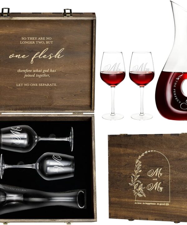 AW BRIDAL Mr and Mrs Wine Glasses and Decanter Set, Wedding Bridal Shower Engagement Gift for Couples 2025, Wedding Glasses for Anniversary Bride Bachelorette with Wood Keepsake Box