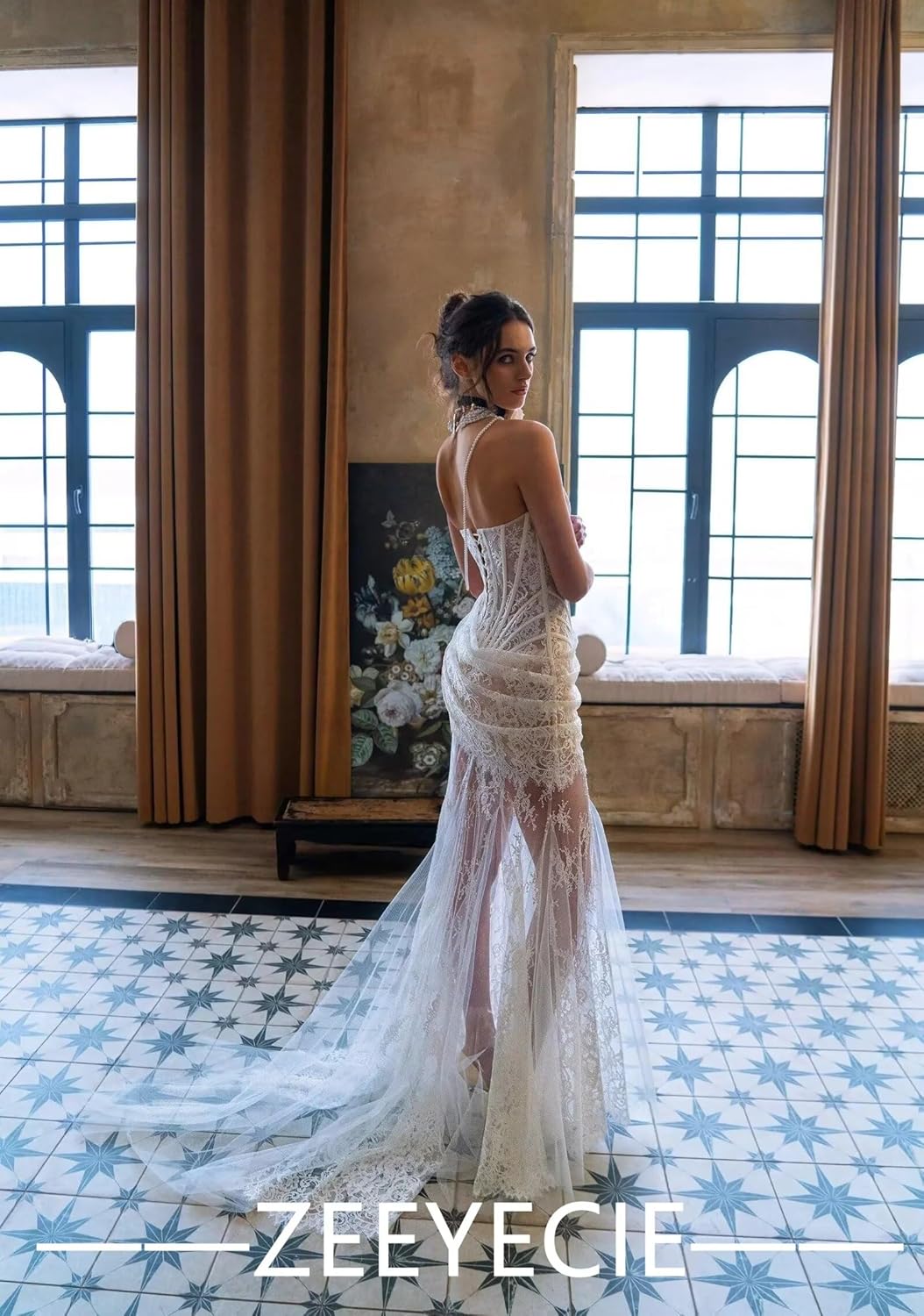 Zeeyecie Strapless Lace Applique Tulle Wedding Dresses 2025 Mermaid Bridal Gowns with Detachable Train for Brides