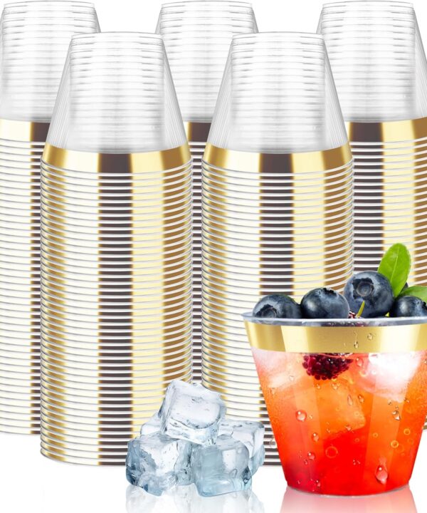 [200 Pack] 9oz Clear Plastic Cups with Gold Rimmed Sturdy & Food Safe Disposable Wine Glasses Party Wedding Cups Disposable Drinking Cups Plastic Cocktail Glasses for Wine, Juice & Cold Beverages