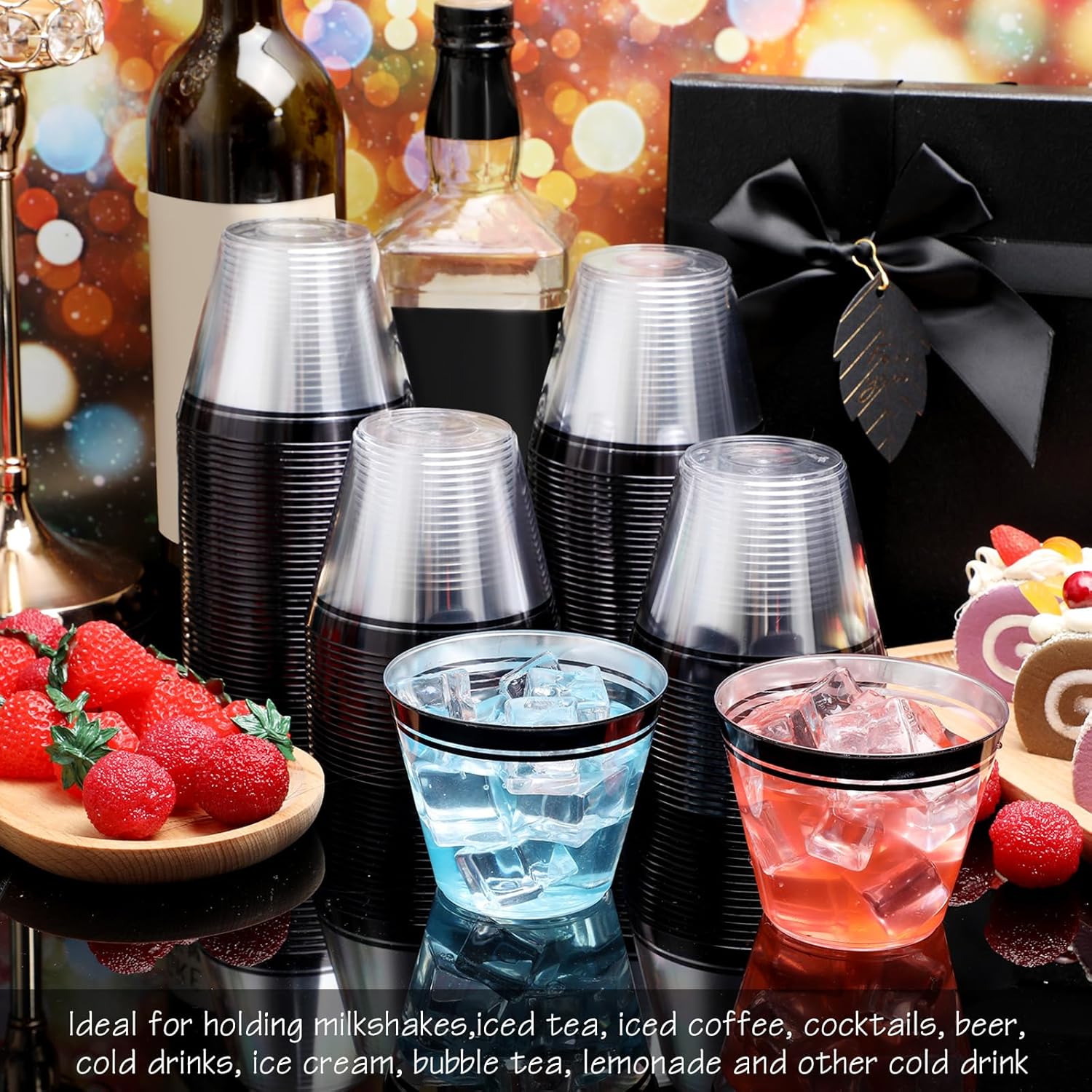 Skylety 100 Pcs Plastic Wine Cups 9 oz Disposable Clear Drinking Cup Wine Glasses Wedding Drinking Tumblers Plastic Cocktail Glasses for Halloween Christmas Graduation Birthday Bridal Party(Black)
