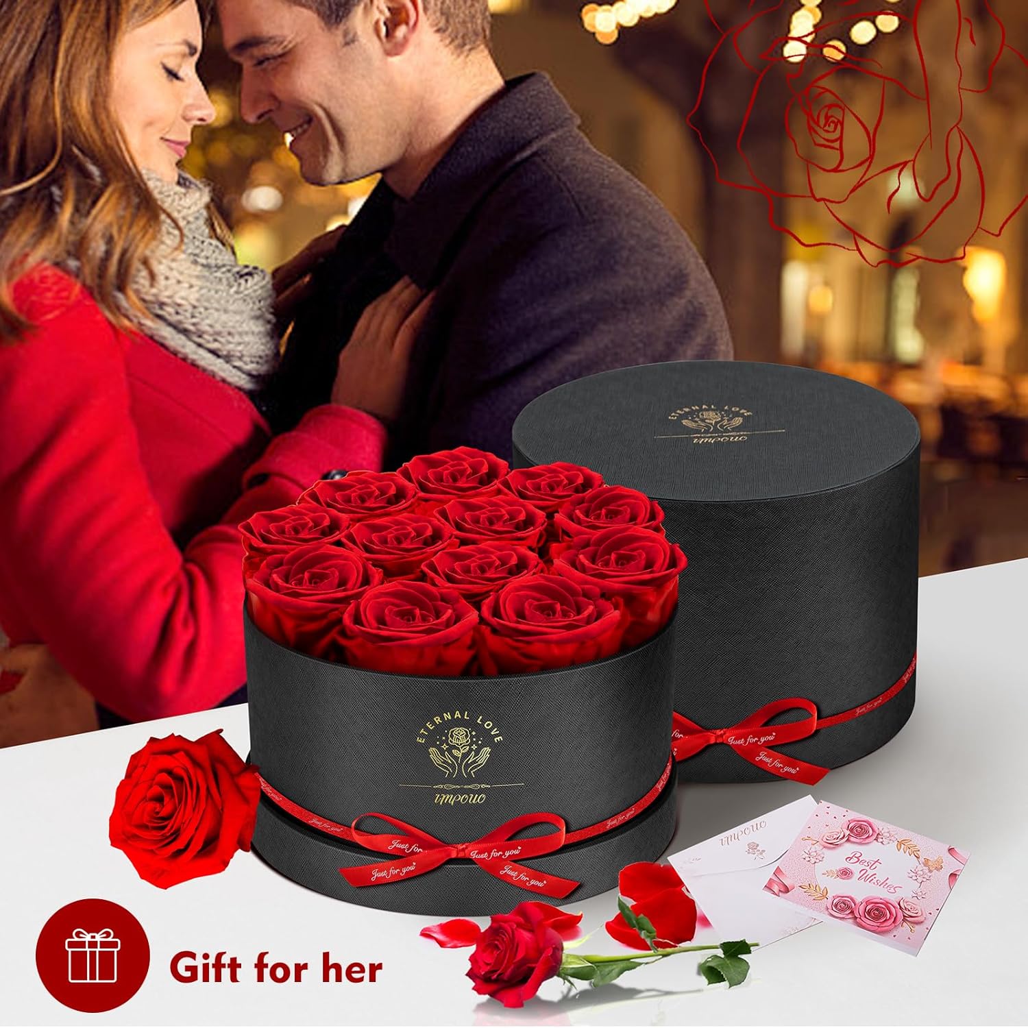 Forever Flowers,12 Red Roses in A Box, Real Preserved Roses, Birthday Gift for Women, Mother’s Day, Anniversary Day- Red Roses