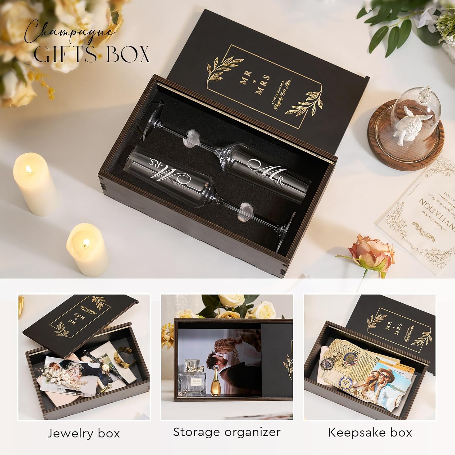 Mr. & Mrs. Champagne Flute Set – Elegant His and Hers Wedding Toasting Glasses for Celebrations, Bridal Shower Wedding Registry Gifts, Tall Wine Glasses for Bride and Groom