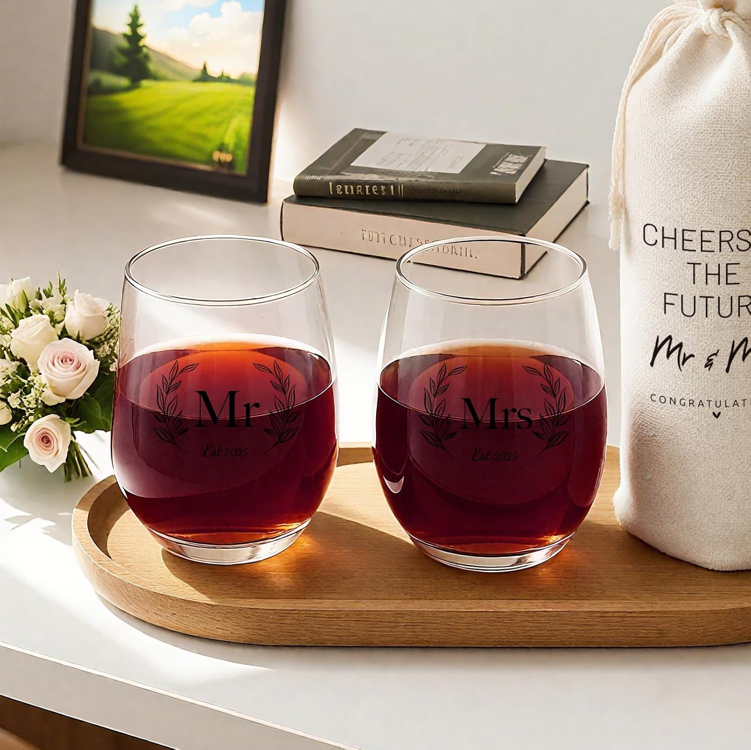 Wedding Gifts for Couples 2025, Mr and Mrs Gifts, Bridal Shower 18 Oz Wine Glass Set