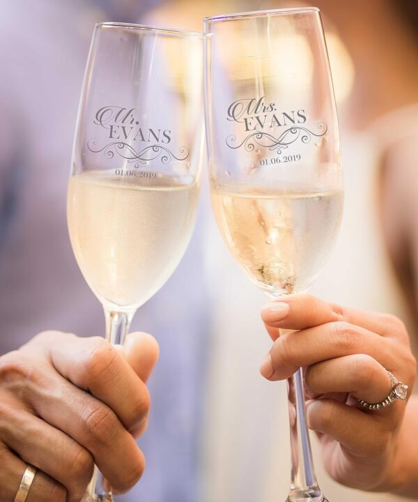 Personalized Mr and Mrs Champagne Flutes - Wedding Champagne Flutes - Customized Bride and Groom Champagne Glasses - Etched Engraved Toasting Glasses - Custom Engagement Gifts for the Couple