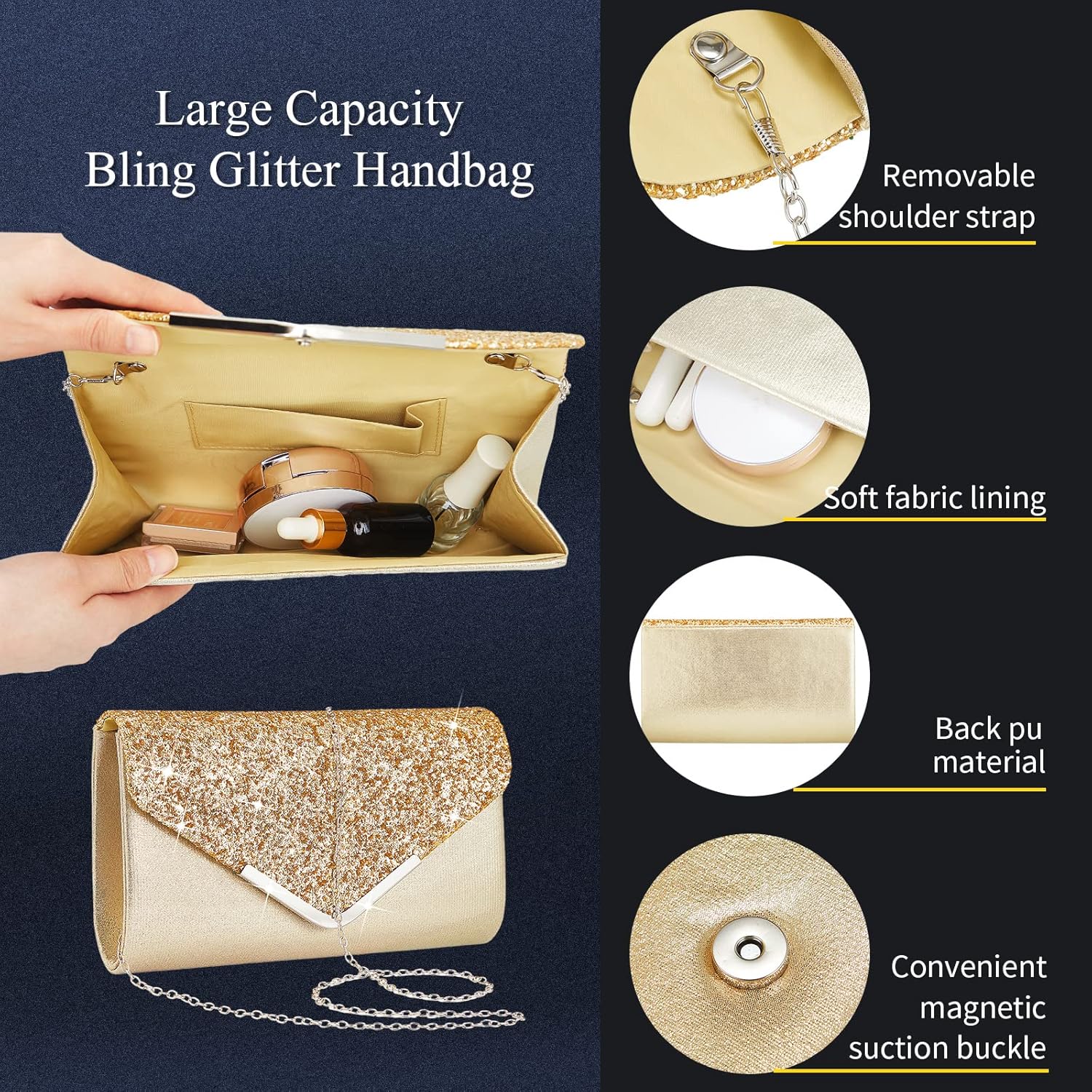 Henoyso 5 Pcs Purse Rhinestone Jewelry Set Prom Jewelry Rhinestone Clutch Purse Necklace Earrings Bracelets for Women Bride