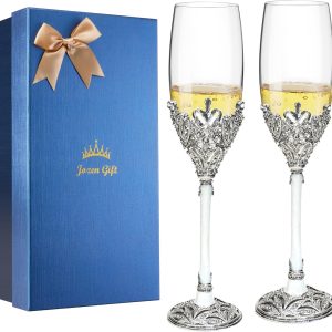 Silver Champagne Flutes -Wedding Toasting Glasses for His and Hers,Engagement Celebrations, Bridal Shower and Registry Idea, Gifts for Bride and Groom Gifts,7oz (Silver)