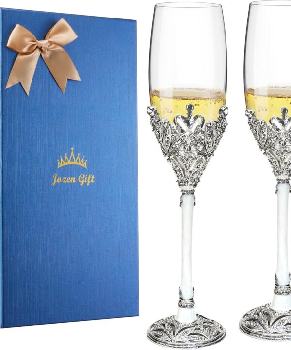 Silver Champagne Flutes -Wedding Toasting Glasses for His and Hers,Engagement Celebrations, Bridal Shower and Registry Idea, Gifts for Bride and Groom Gifts,7oz (Silver)