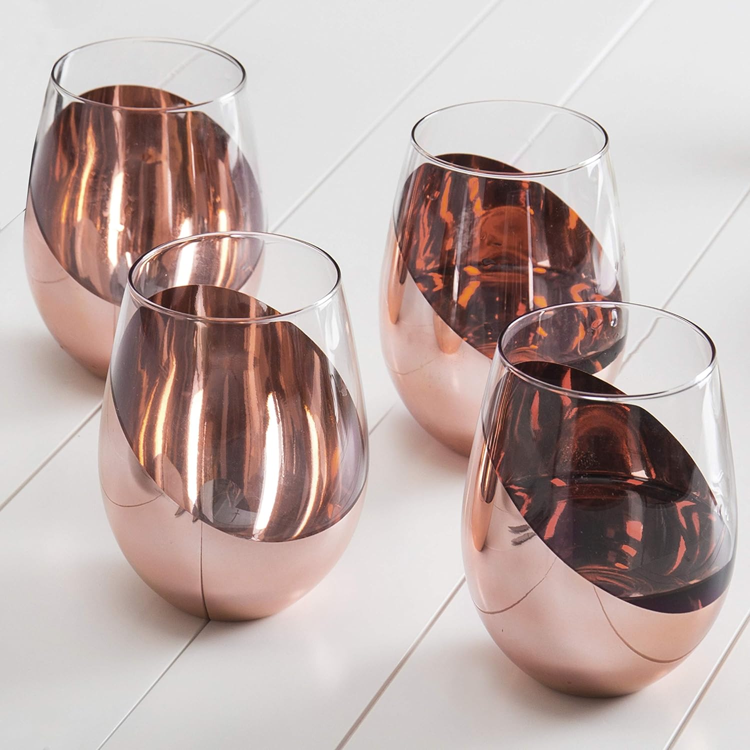 MyGift Stemless Wine Glasses Set of 4 – Copper Accent Modern Barware, Elegant Wedding & Celebration Cups with Luxe Metallic Finish, Dishwasher Safe