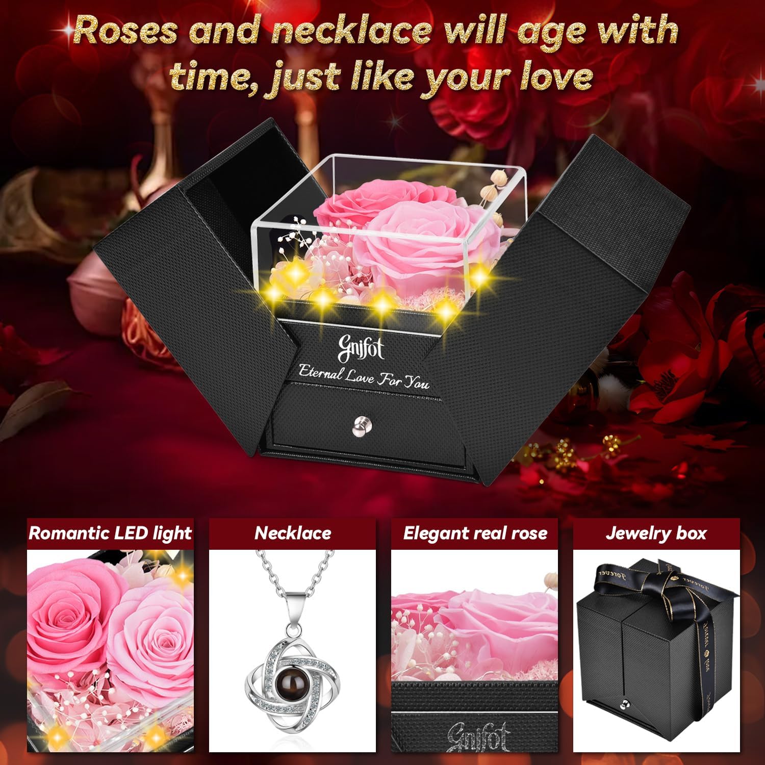Preserved Pink Real Rose with I Love You in 100 Languages Necklace,Eternal Flowers Gifts for Women Wife Girlfriend Mom Grandma on Birthday Anniversary Valentines Mothers Day Christmas,Pink Rose