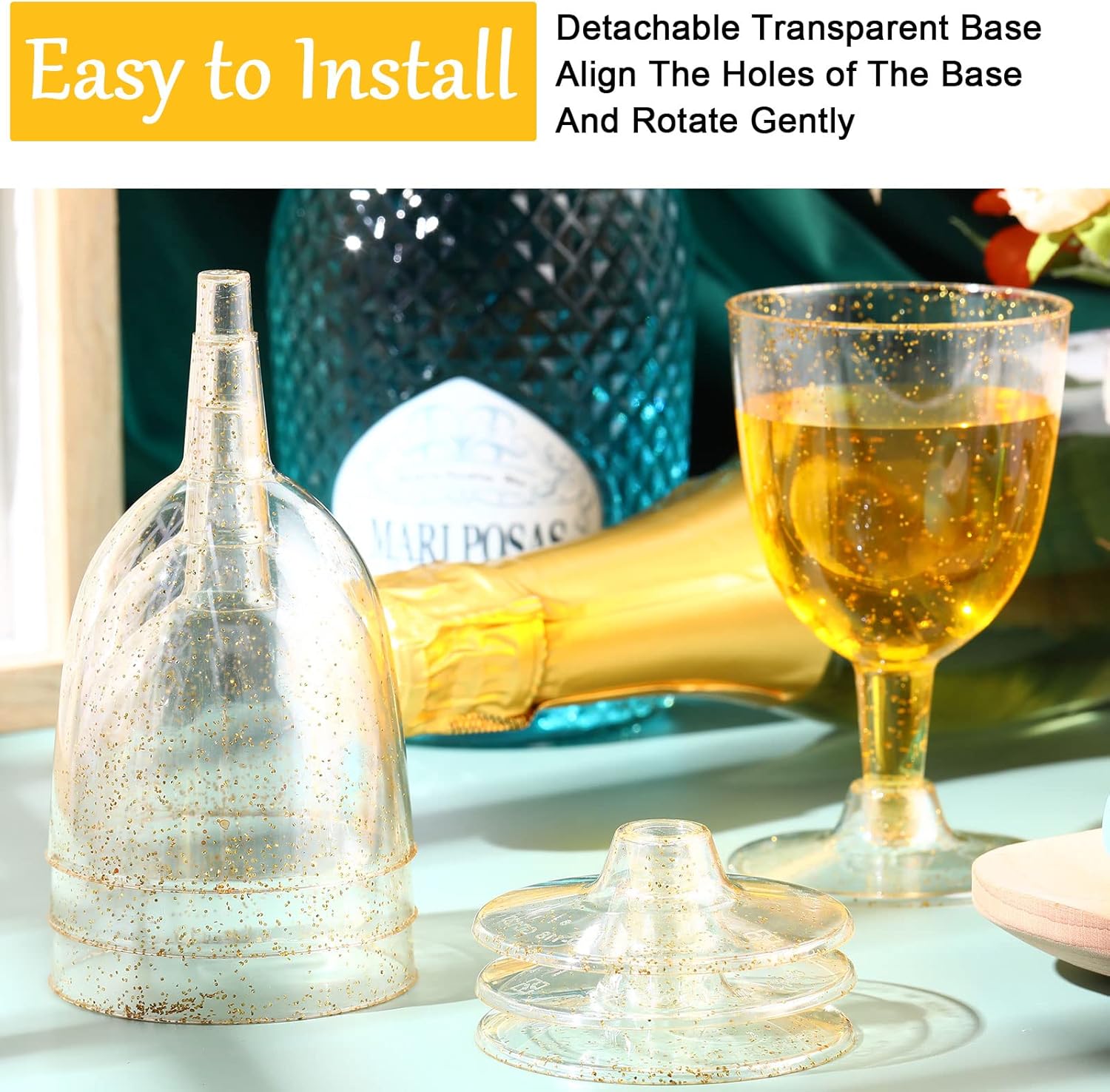 meekoo 50 Pcs 5.7oz / 170ml Disposable Plastic Wine Glasses, Gold Glitter Champagne Goblets Cocktail Cups for Weddings Birthday Bridal Shower Halloween Thanksgiving Christmas Party Outdoor Gatherings