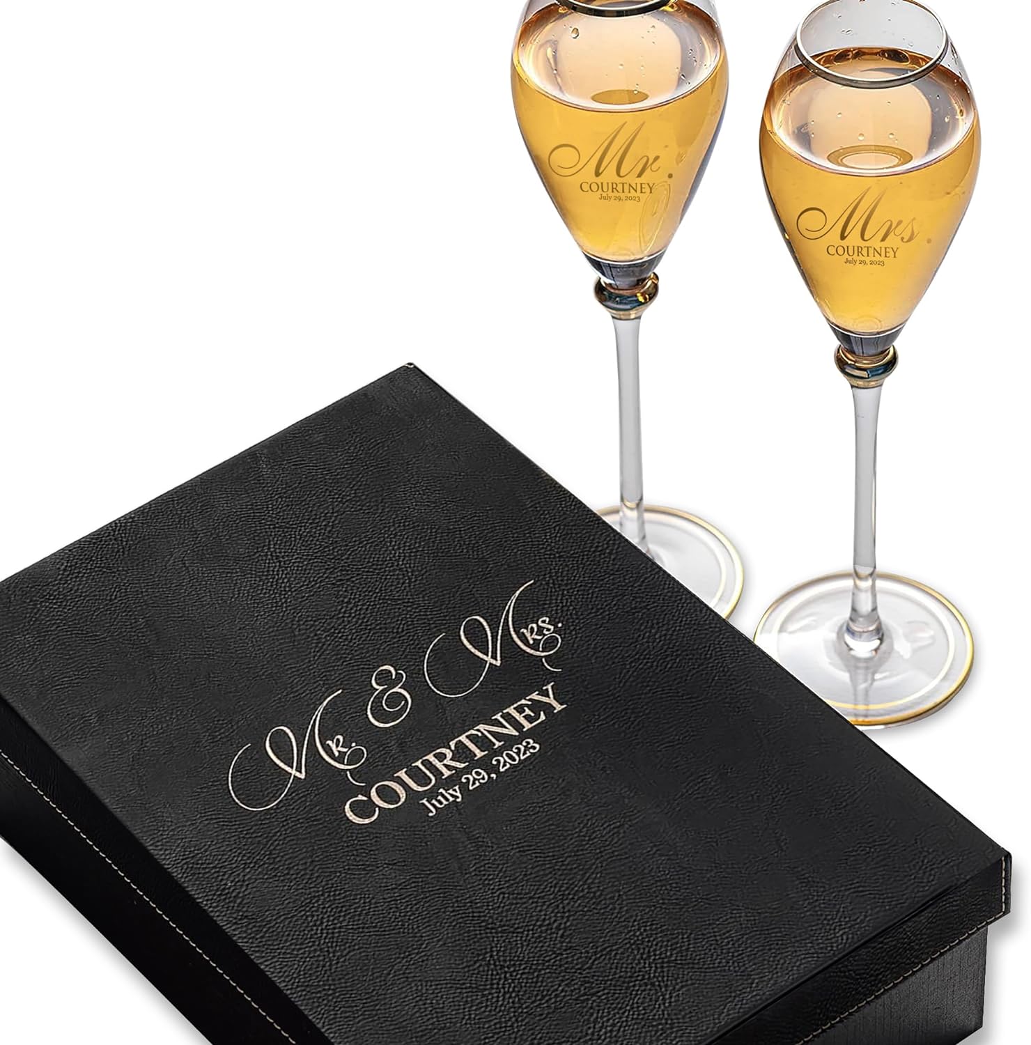Set of 2 Personalized Wedding Engraved Champagne Flutes- Mr and Mrs Design – For Weddings,Parties and Anniversary