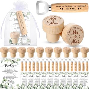 Barydat 36 Sets Wedding Favors for Guests Mr and Mrs Wooden Wine Stopper Cork Beer Bottle Opener with Thank You Gift Card Organza Bag Wedding Gifts for Engagement Bridal Shower Party Supplies