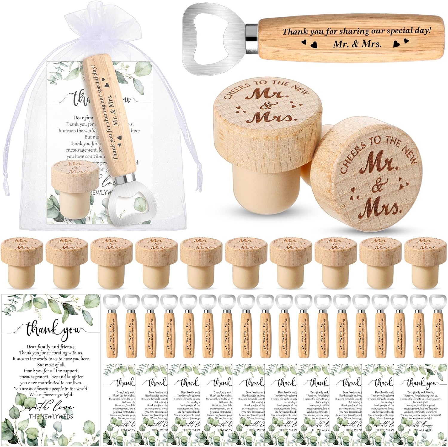 Barydat 36 Sets Wedding Favors for Guests Mr and Mrs Wooden Wine Stopper Cork Beer Bottle Opener with Thank You Gift Card Organza Bag Wedding Gifts for Engagement Bridal Shower Party Supplies