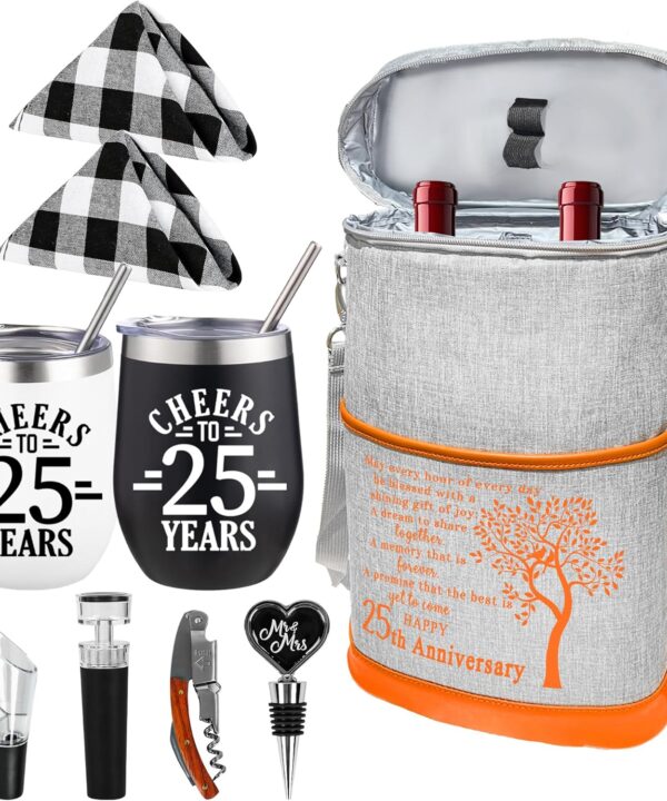 25th Anniversary Wine Cooler Bag Gift for Couples, Wedding Gifts for Parents, Friend, Her, Him, 25 Years Mr. & Mrs Insulated Cooler Tote, Tumbler and Accessories