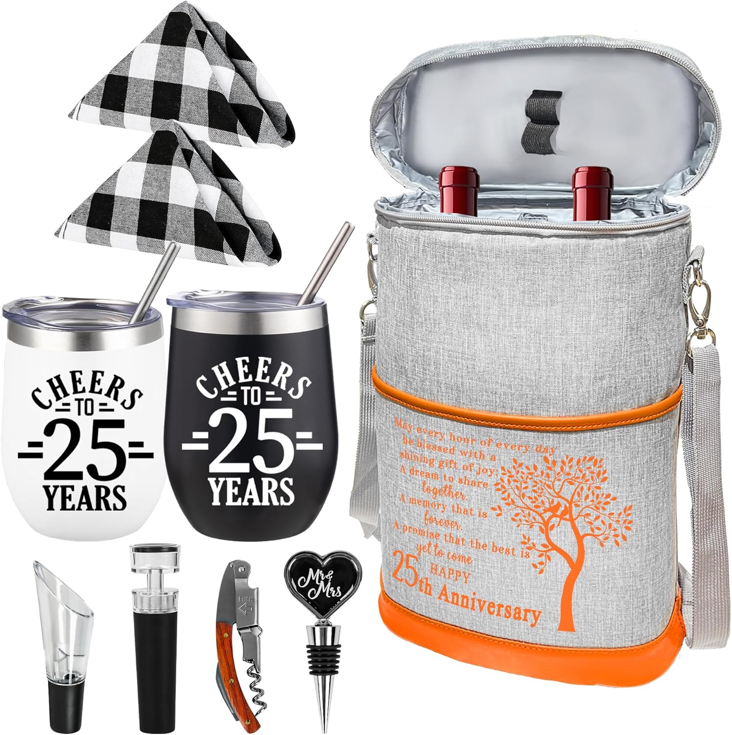25th Anniversary Wine Cooler Bag Gift for Couples, Wedding Gifts for Parents, Friend, Her, Him, 25 Years Mr. & Mrs Insulated Cooler Tote, Tumbler and Accessories
